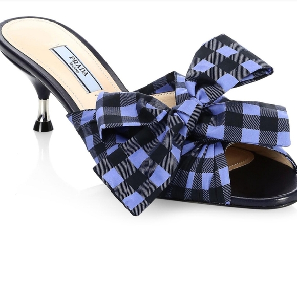 Prada Shoes - PRADA Gingham Blue Heels Sandals Bow NWB Sz 10
